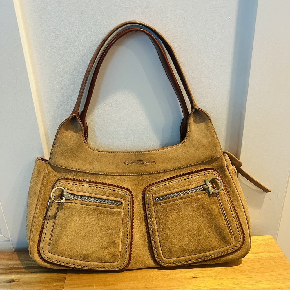 Salvatore Ferragamo Suede Patent Leather Shoulder Bag Tan Brown Y2K Italy